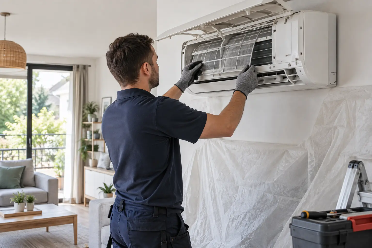 Technicien réalisant l’entretien d’une climatisation murale