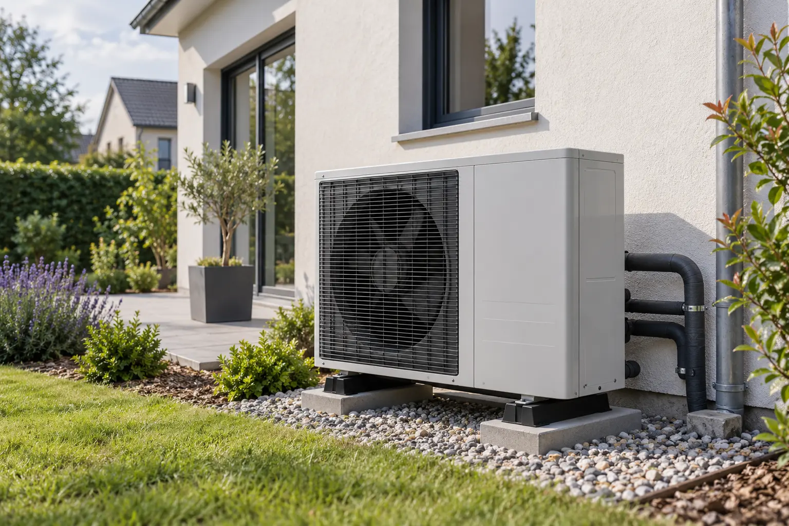 Unité extérieure de pompe à chaleur air-eau installée près d’une maison